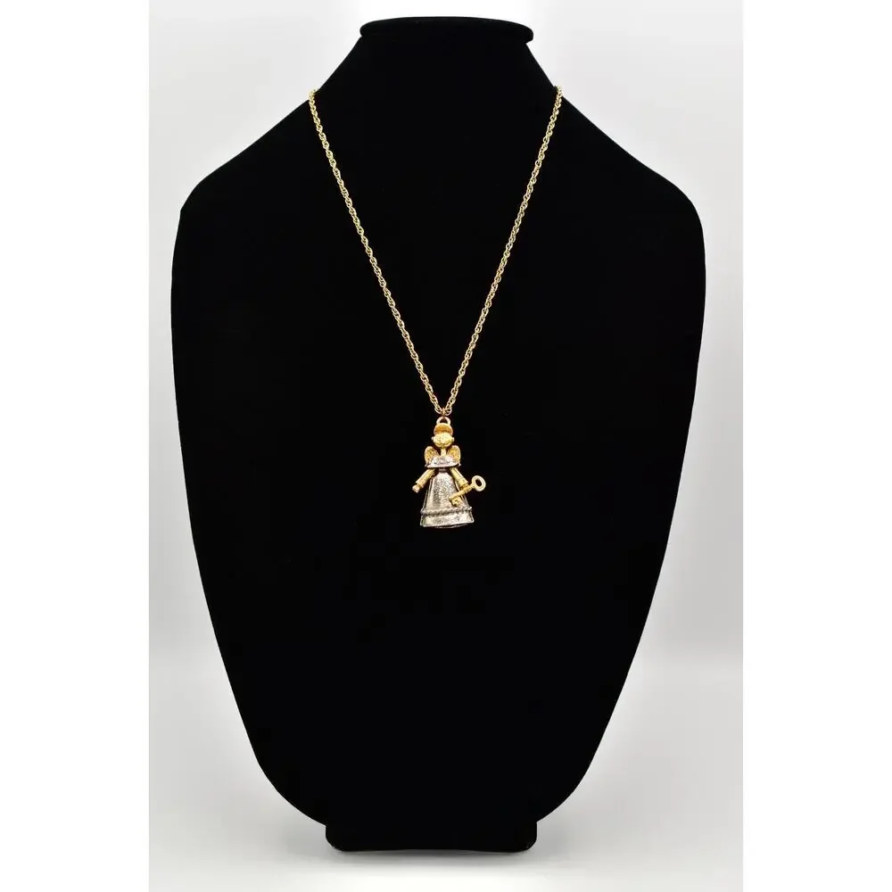 Vintage Guardian Angel Necklace Heavy Pendant Gold Silver Chunky 1980s BinA17
